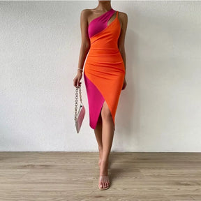 [You'Re My Secret] Summer Color Contrast Bag Hip Skirt Sexy Single Shoulder Cut-Out Side Split Split Sleeveless Dresses