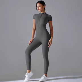 Yoga Set Women'S Jumpsuits One-Piece Suit Zipper Short Sleeve Gym Push up Workout Clothes Fitness Bodysuit Sportswear Tracksuit