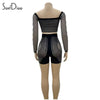 Mesh Hollow Out Two Piece Sets for Women Sexy Long Sleeve Crop Tops and Shorts Matching 2024 Coquette Nightclub Outfits