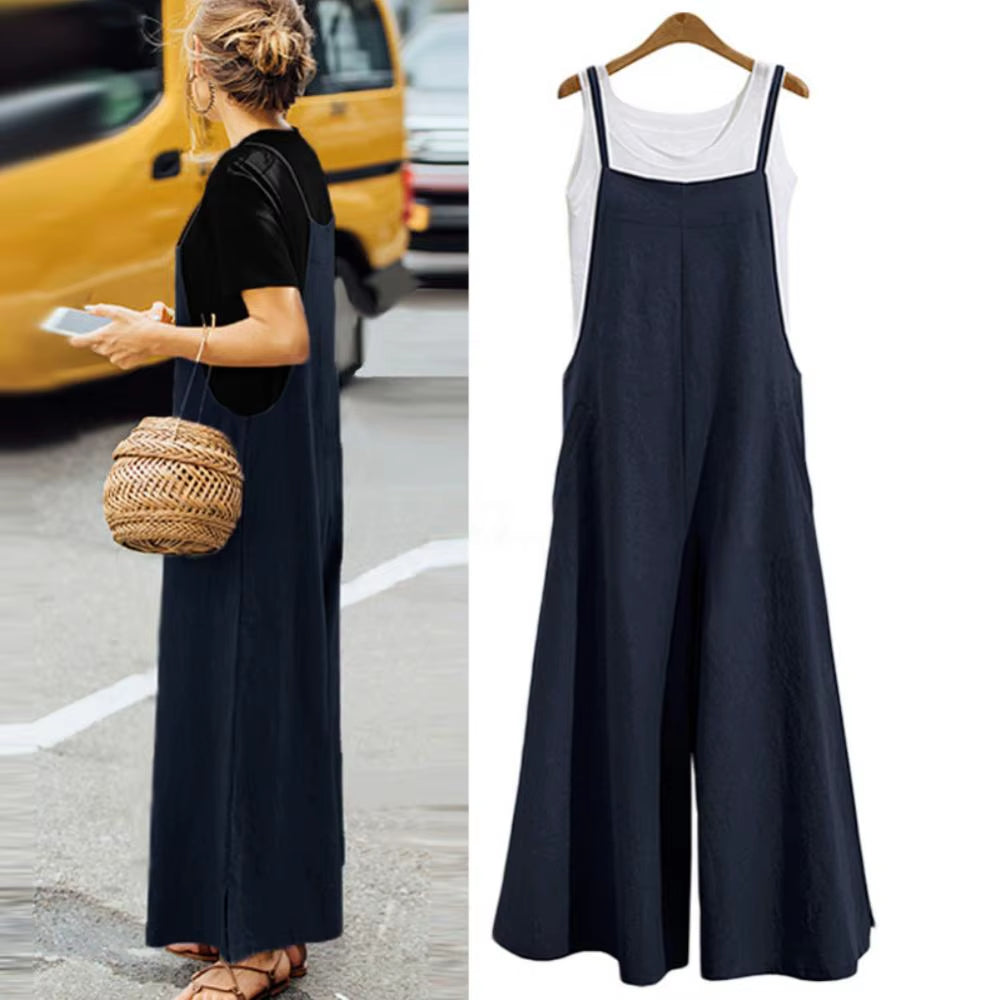 Casual Loose Jumpsuit Women Summer Solid Cotton Linen Straps Wide Leg Pants Dungaree Bib Overalls Sleeveless Oversized Jumpsuits