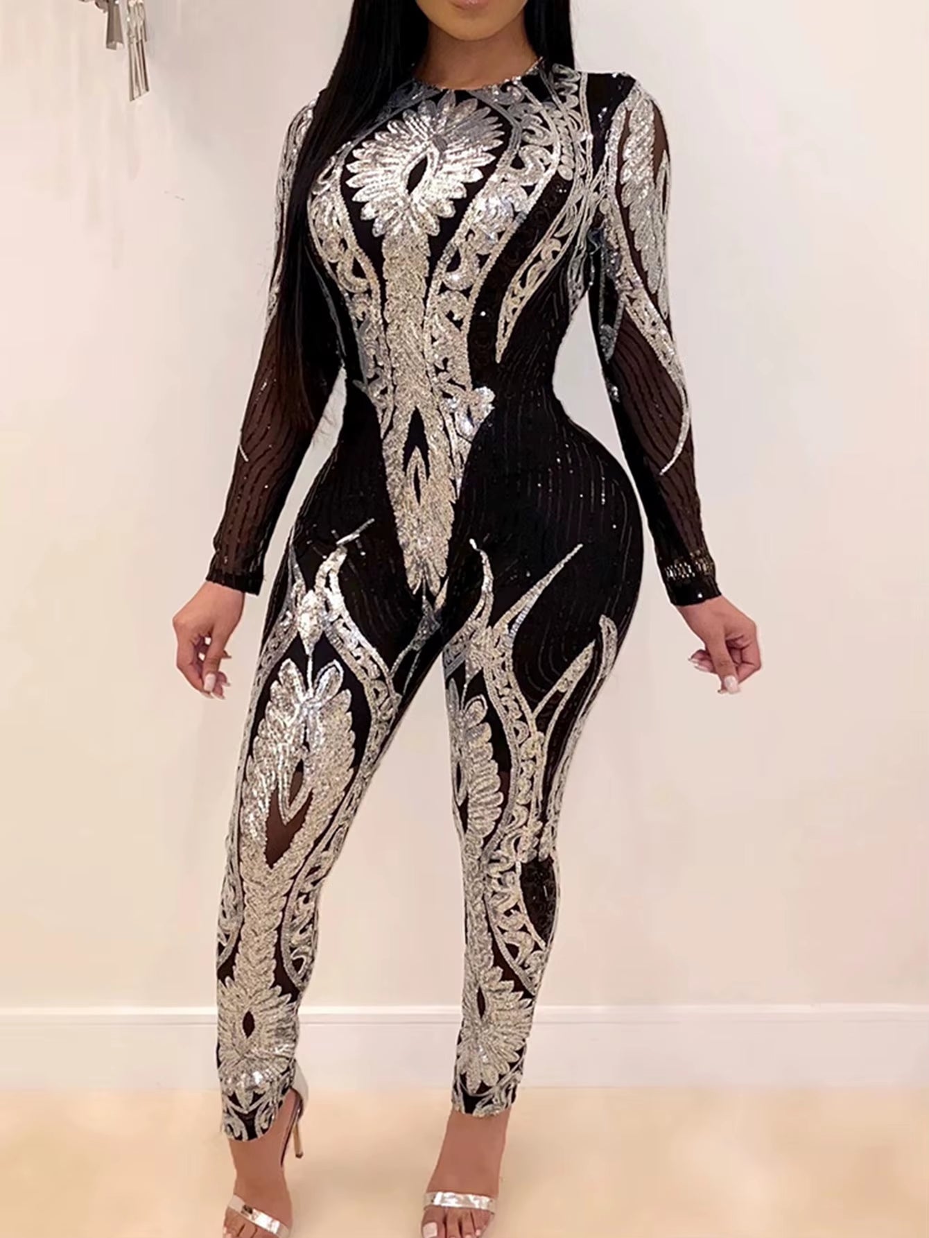 Sexy Long Sleeve Sequin Bodycon Jumpsuit Women Body Bodysuit One Piece Birthday Party Nightclub Outfits Womens Jumpsuits Overall