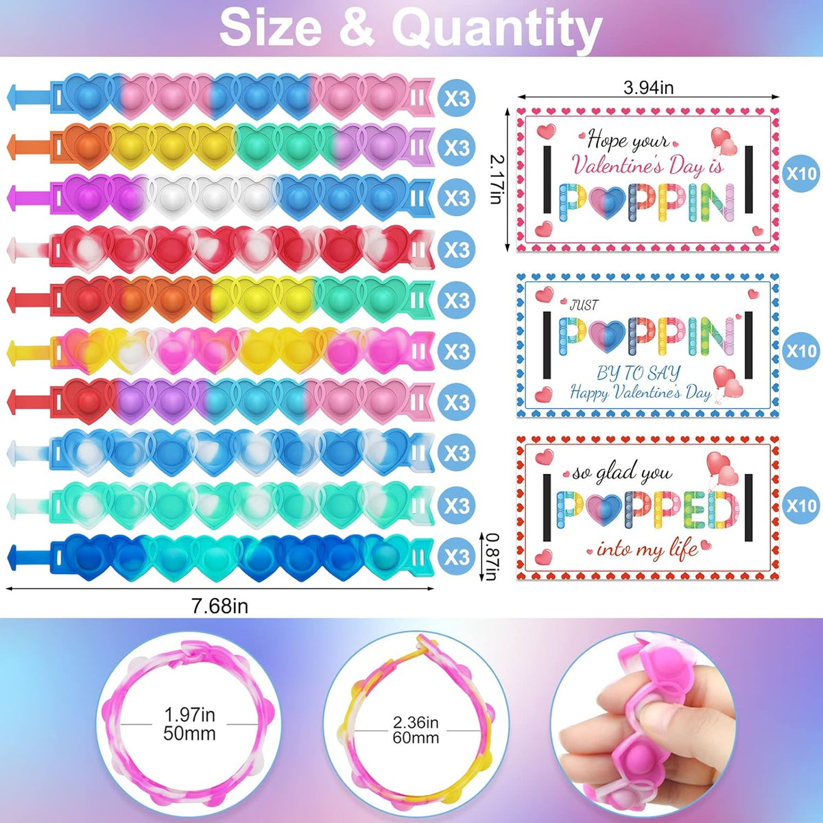 30Pcs Valentines Day Gifts for Kids .Valentines Day Cards for Kids Classroom School .Heart POP Bracelets.Valentine'S Classroom Exchange Cards and Kids Party Favors.Valentines Goody Bag Filler.