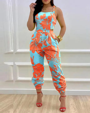 Elegant Women'S Jumpsuit 2024 Summer Fashion Strap Hollow Sexy off Waist Printed Jumpsuit