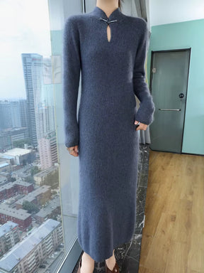 100% Pure Mink Cashmere Knitted Dress Women Stand up Collar Button Long Skirts Casual High Waist over Knee Dress New Thick Skirt