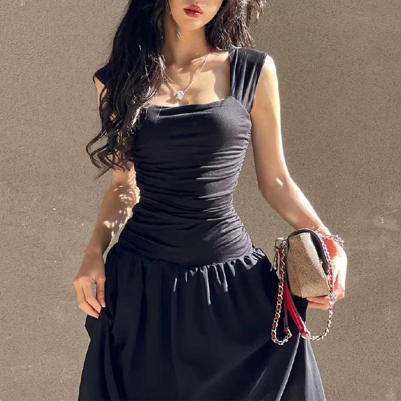 Women Summer Party Long Dress Sexy Ruched Bodycon Black Maxi Dresses 2024 Elegant Temperament High-Waist Vestidos New