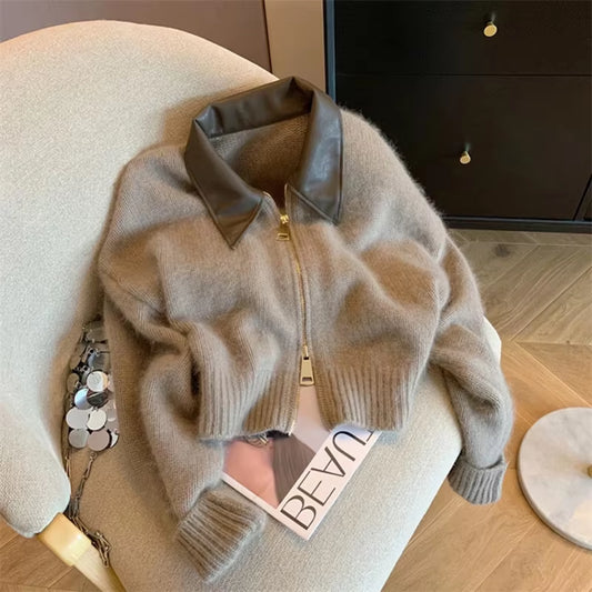 Spliced Leather Collar Knit Sweater Fashion Double Zipper Cardigan Women'S Autumn/Winter New Soft Vintage Long Sleeve Streetwear