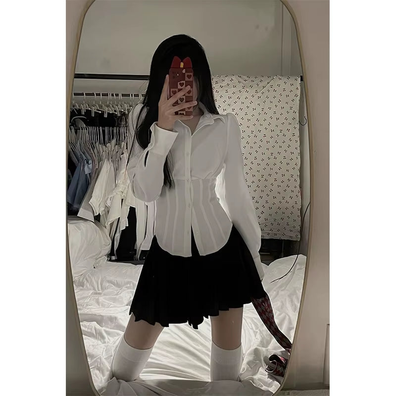 Y2K White Shirts Women Streetwear Tunic Long Sleeve Crop Tops Students Jk Preppy Korean Fashion Basic Slim All Match Blouses New