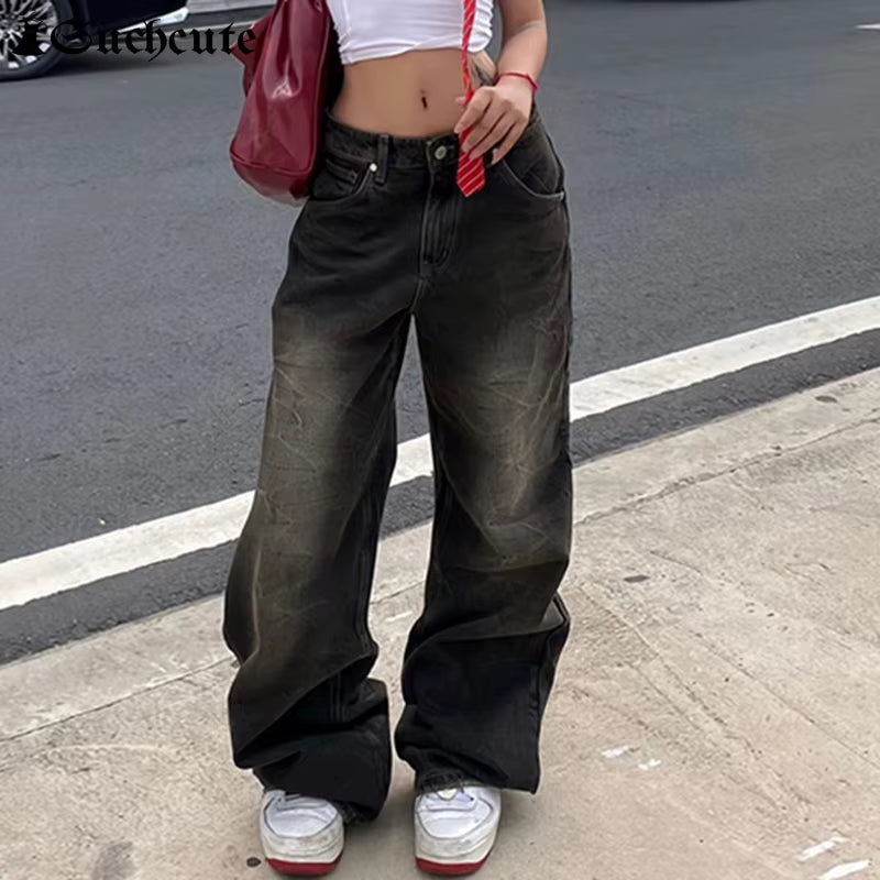 Low Waist Jeans for Women Goth Y2K Style Baggy Jeans Punk New Jeans Wide Leg Denim Pants Kpop Casual Loose Streetwear