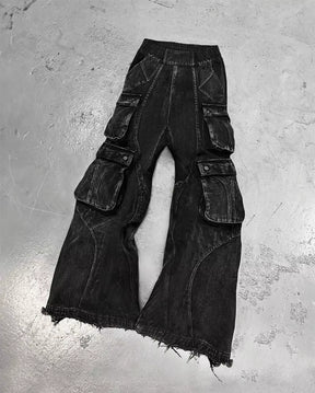 Streetwear New Fashion Old Washing Heavy Industry Big Pocket Black Baggy Jeans Men Y2K Rock Hiphop Dark Casual Wide-Leg Trousers