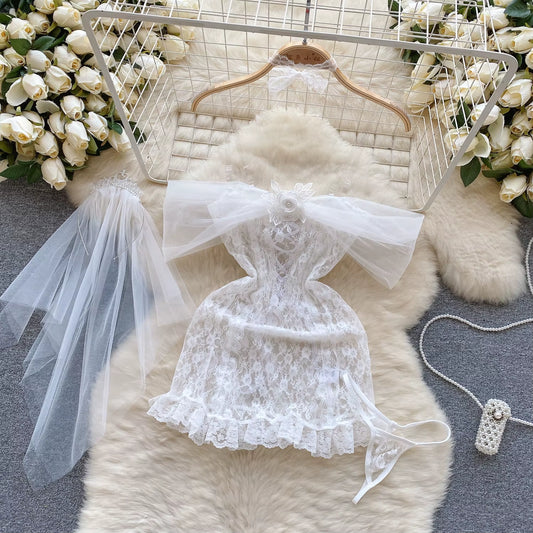 Lady Sexy Butterfly Suits 3-Piece Hotsweet One Shoulder Crown Lace Cosplay Uniform Bridal Dress Fun Underwear See-Through New