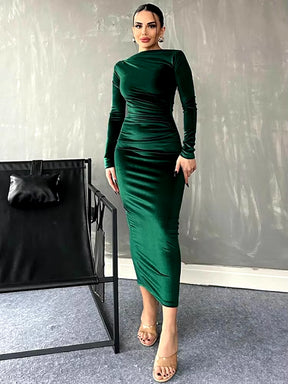 2024 Spring Summer Velvet Long Sleeve Midi Dress for Women Ruched Long Dress Elegant Party Clothes Evening Green Outfits