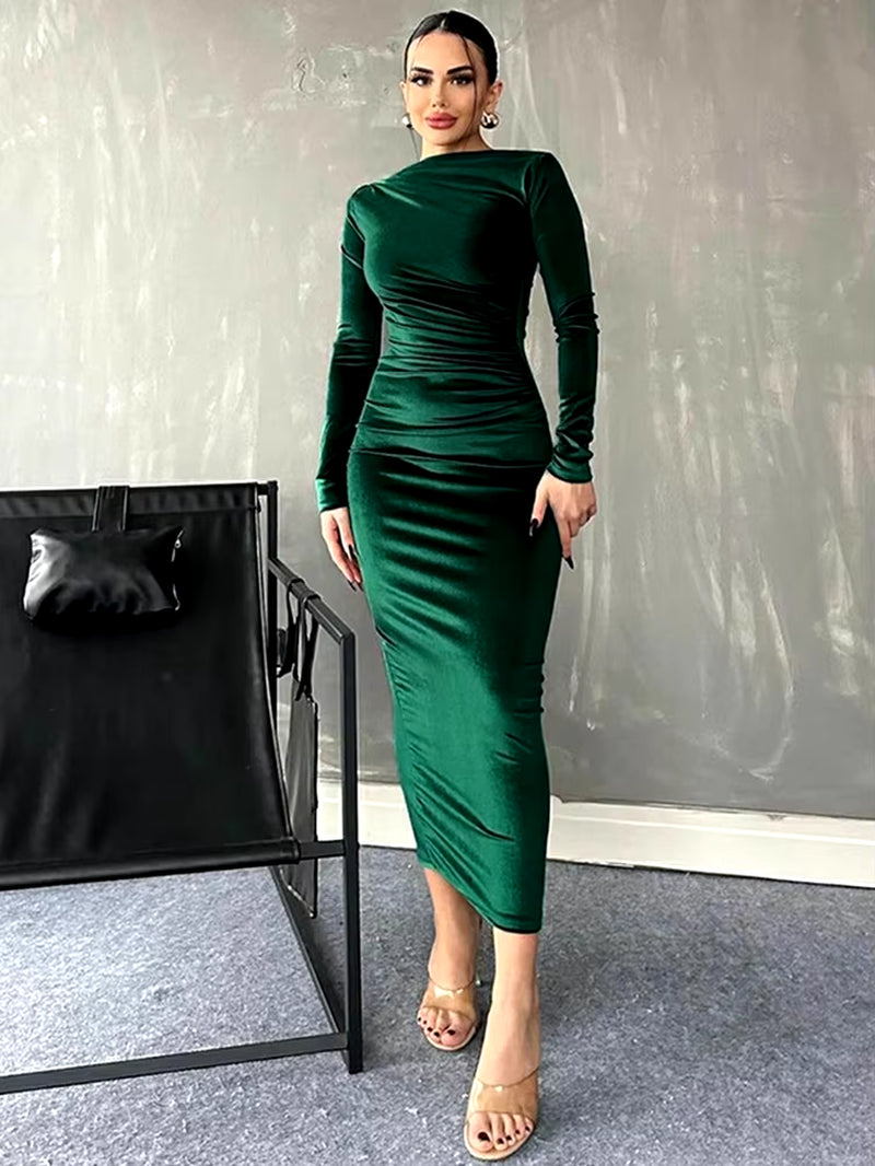 2024 Spring Summer Velvet Long Sleeve Midi Dress for Women Ruched Long Dress Elegant Party Clothes Evening Green Outfits