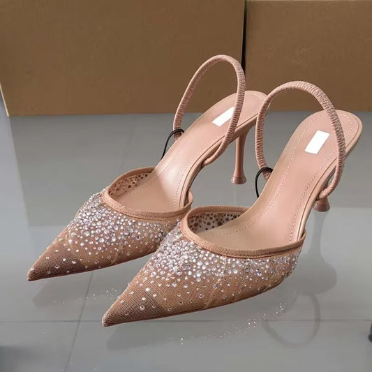 2025 Summer New Women'S Sandals Water Diamond Bright Mesh High Heels Footwear Elegant Slingback Pointed Slip on Party Lady Shoes