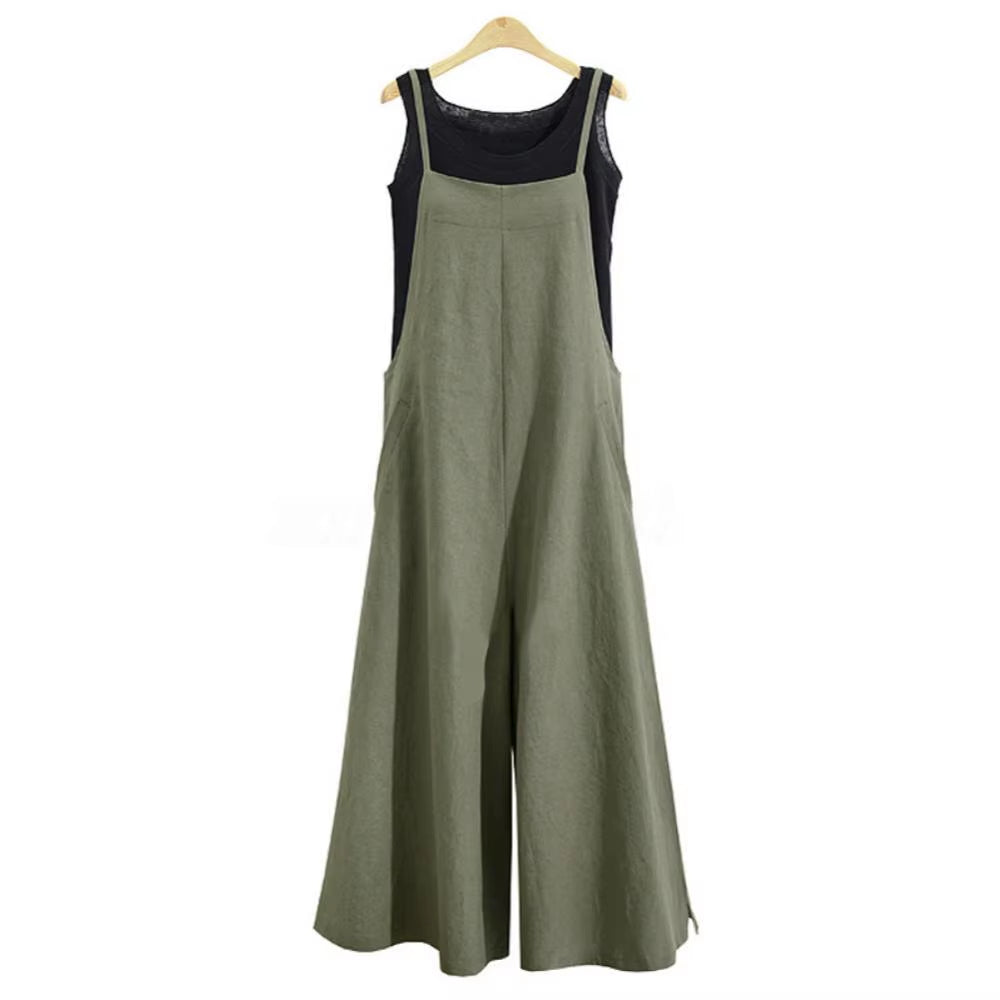 Casual Loose Jumpsuit Women Summer Solid Cotton Linen Straps Wide Leg Pants Dungaree Bib Overalls Sleeveless Oversized Jumpsuits