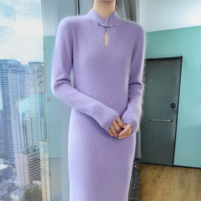 100% Pure Mink Cashmere Knitted Dress Women Stand up Collar Button Long Skirts Casual High Waist over Knee Dress New Thick Skirt