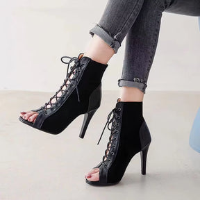 Sandals Hollow Mesh Heels Women'S Shoes Summer 2022 Trend Black Lace-Up Sexy Peep Toe Boots Stilettos Jazz Dance Female Shoes