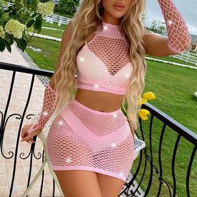 Sexy Lingerie Women Skirt Mini Dress Diamonds Tights Teddies Open Crotch Bodysuit Women Porno Sleepwear Underwear Pink Dress