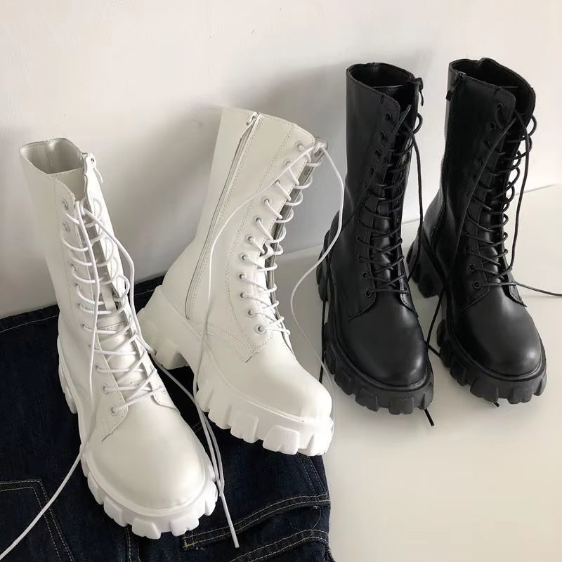 New Mid Calf Boots Women Autumn Winter Fashion Lace-Up Ladies Chelsea Zipper Botas Mujer Boots Sports Platform Heel Ladies Shoes