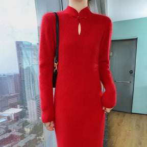 100% Pure Mink Cashmere Knitted Dress Women Stand up Collar Button Long Skirts Casual High Waist over Knee Dress New Thick Skirt