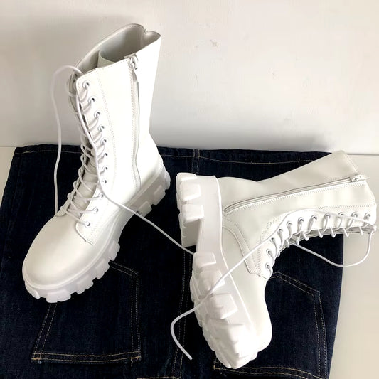 New Mid Calf Boots Women Autumn Winter Fashion Lace-Up Ladies Chelsea Zipper Botas Mujer Boots Sports Platform Heel Ladies Shoes