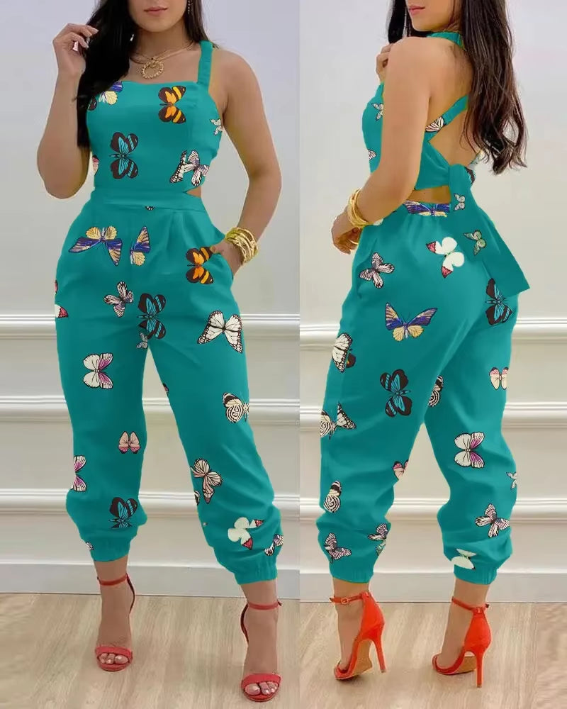 Elegant Women'S Jumpsuit 2024 Summer Fashion Strap Hollow Sexy off Waist Printed Jumpsuit