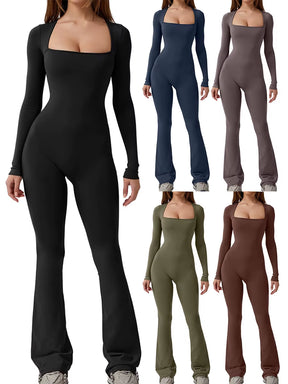 Women Skinny Jumpsuits Autumn Casual Long Sleeve Square Neck Solid Color Slim Fit Overalls Ladies Fall Romper Club Streetwear