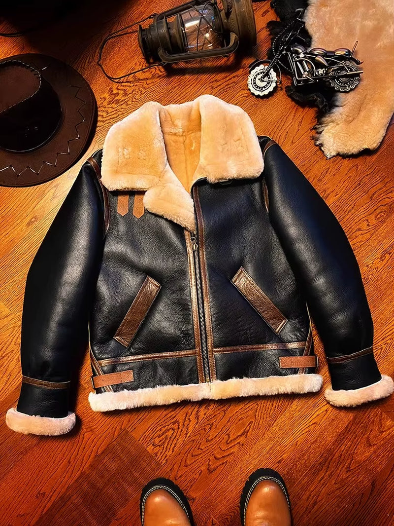 Yr!Top Quality .Classic Air Force B3 Fur Jacket.Men Luxury Thick Wool Warm Shearling Coat.Real Natural Fur Leather Cloth.