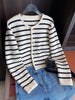 Women Spring Autumn Sweaters O-Neck Stripe Knitted Cardigan Fashion Long Sleeve Casual Short Tops Korean Style New