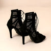 Sexy High Heels Hollow Mesh Sandals Women Summer Cross-Tied Peep Toe Heeled Sandals Ankle Strap Dance Shoes Black Net Sandals