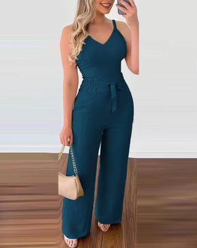 2023 Summer Woman Long Jumpsuits Elegant Sexy V-Neck Shirred Cami Top & High Waist Pants Set New Fashion Casual One Pieces