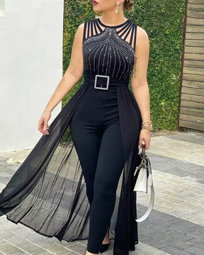 2024 Summer Women'S Sexy round Neck Rhinestone Sheer Mesh Sleeveless Jumpsuit with Belt New Fashion Rompers Womens Jumpsuit