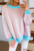 Pink Stripe Contrast Trim High Low Pullover Tunic Sweatshirt