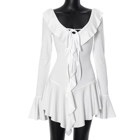 White Deep V Neck Ruffled Dress for Women Long Flare Sleeve Autumn Fashion Beach Party Short Dresses Female Sexy Slim