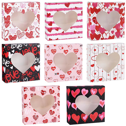 8Pcs Valentines Day Love Heart Candy Gift Box Cookie Baking Packing Paper Box with Window Wedding Birthday Party Decor Supplies