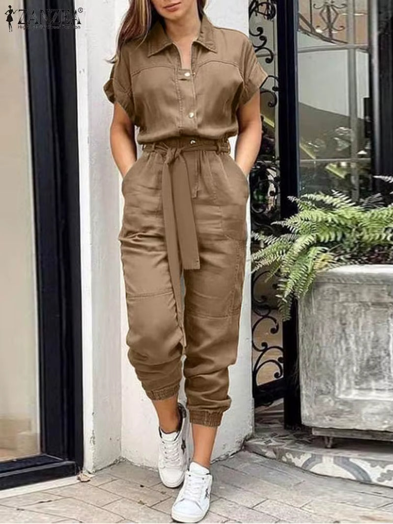 2024 Summer Fashion OL Work Jumpsuits Vintage Cargo Rompers Woman Lapel Neck Short Sleeve Playsuits Elegant Party Overall