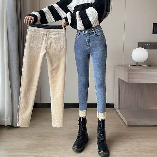 2024 Winter Thick Velvet Women Jeans High Waist Skinny Jeans Simple Fleece Warm Slim Stretch Casual Denim Pencil Pants