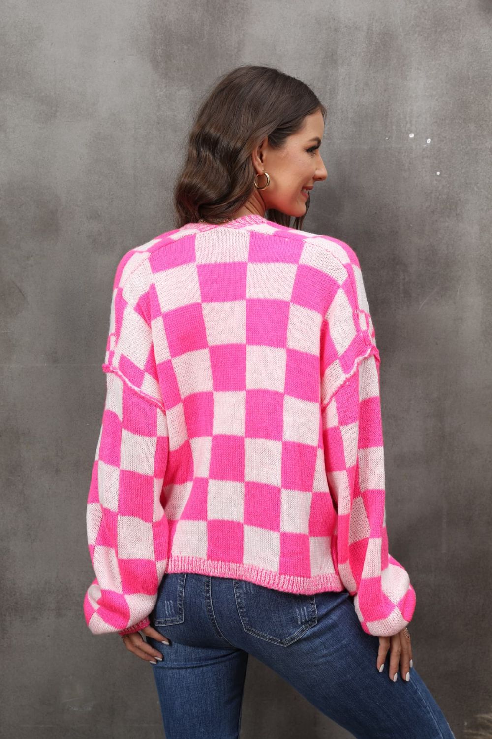 Angel Wings Checkered Open Front Drop Shoulder Cardigan