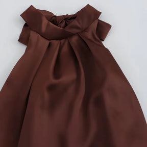 Halter Satin Long Dress Women Tied Backless Brown Midi Dress Summer off Shoulder Party Dresses Pleated Evening Dress