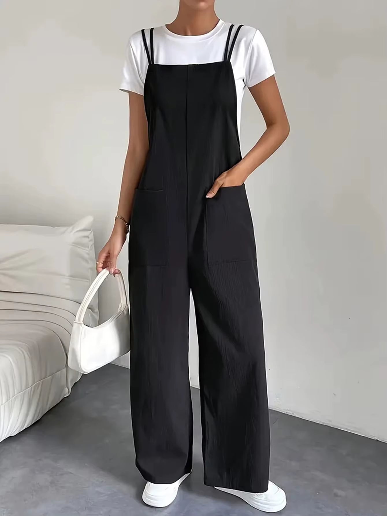 Fashionable Temperament, Casual Camisole Jumpsuit, Women'S Pocket Decoration, Wide Leg Straight Leg Jumpsuit, Jumpsuit Set