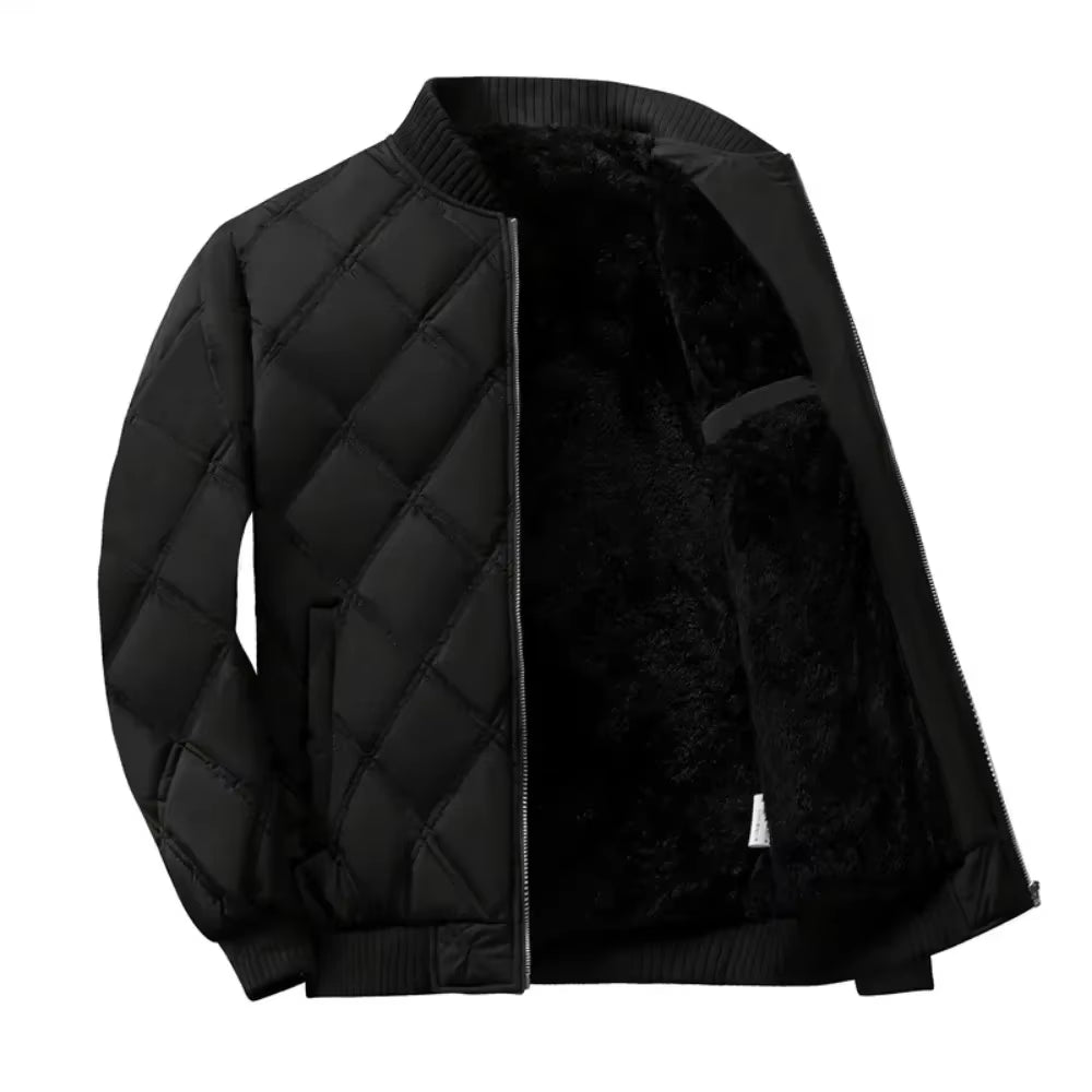 Autumn Winter Men'S Stand Collar Diamond Quilted Jacket Fleece Lined Thermal Padded Jackets Winter Full Zipper Bomber Outwear