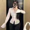 Fashion Women Bandage Shirts Korean All Match Streetwear Female Slim Blouse Spring Casual White Bell Sleeve Shirt New