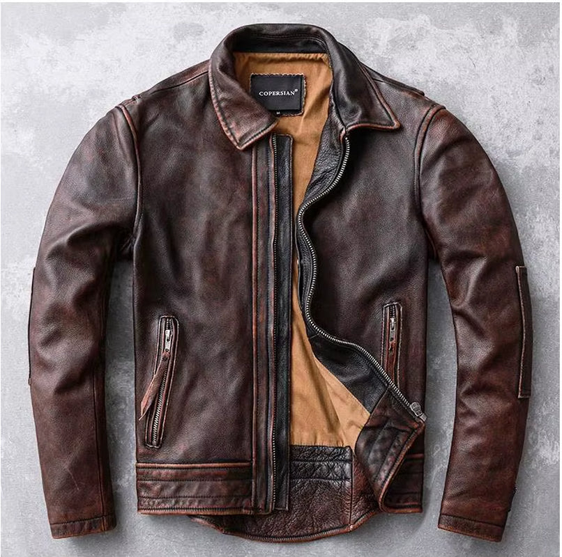 CC Shop.Vintage Brand Cowhide Jacket,Classic Casual Genuine Leather Coat.Motor Rider Leather Wear.Retro Style.Quality