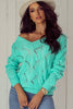 Mint Green Hollow Out Knit V Neck Drop Shoulder Sweater