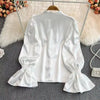 Vintage Solid Blouses Women Elegant Acetate Satin Stand Collar Flare Sleeve Design New Chic Sweet Loose Ruffles Female Mujer