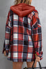 Red Printed Plus Size Plaid Button up Hooded Jacket