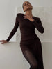 Long Sleeve Draped Ruched Sexy Maxi Dress for Women Gown Fashion Solid O Neck Bodycon Club Elegant Mini Dress Vestido