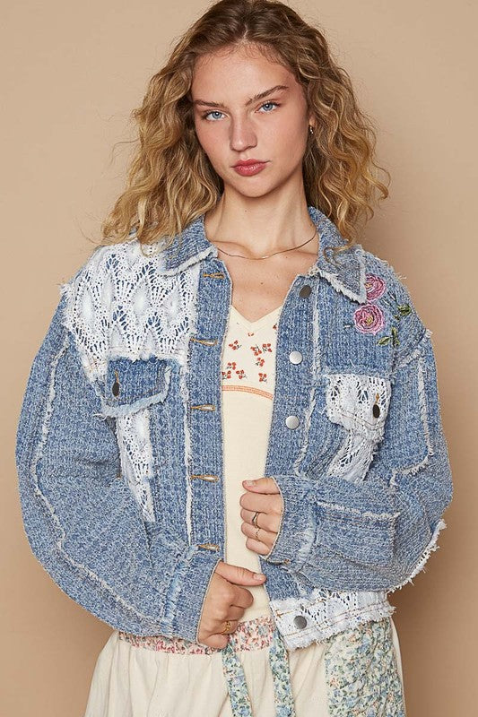 POL Crochet Patch Embroidered Button Up Jacket