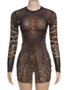 See through Dress Women Sexy Coquette Leopard Print Full Sleeve O-Neck Stretch Mini Bodycon Midnight Party Clubwear