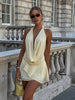 Draped Sexy Backless Halter Mini Dress Women'S Elegant See through Deep V Neck Lace up Mesh Holiday Beach Female Dress