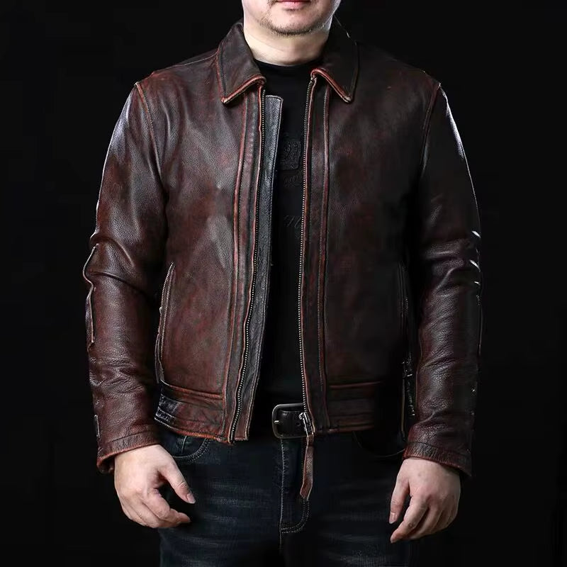 CC Shop.Vintage Brand Cowhide Jacket,Classic Casual Genuine Leather Coat.Motor Rider Leather Wear.Retro Style.Quality